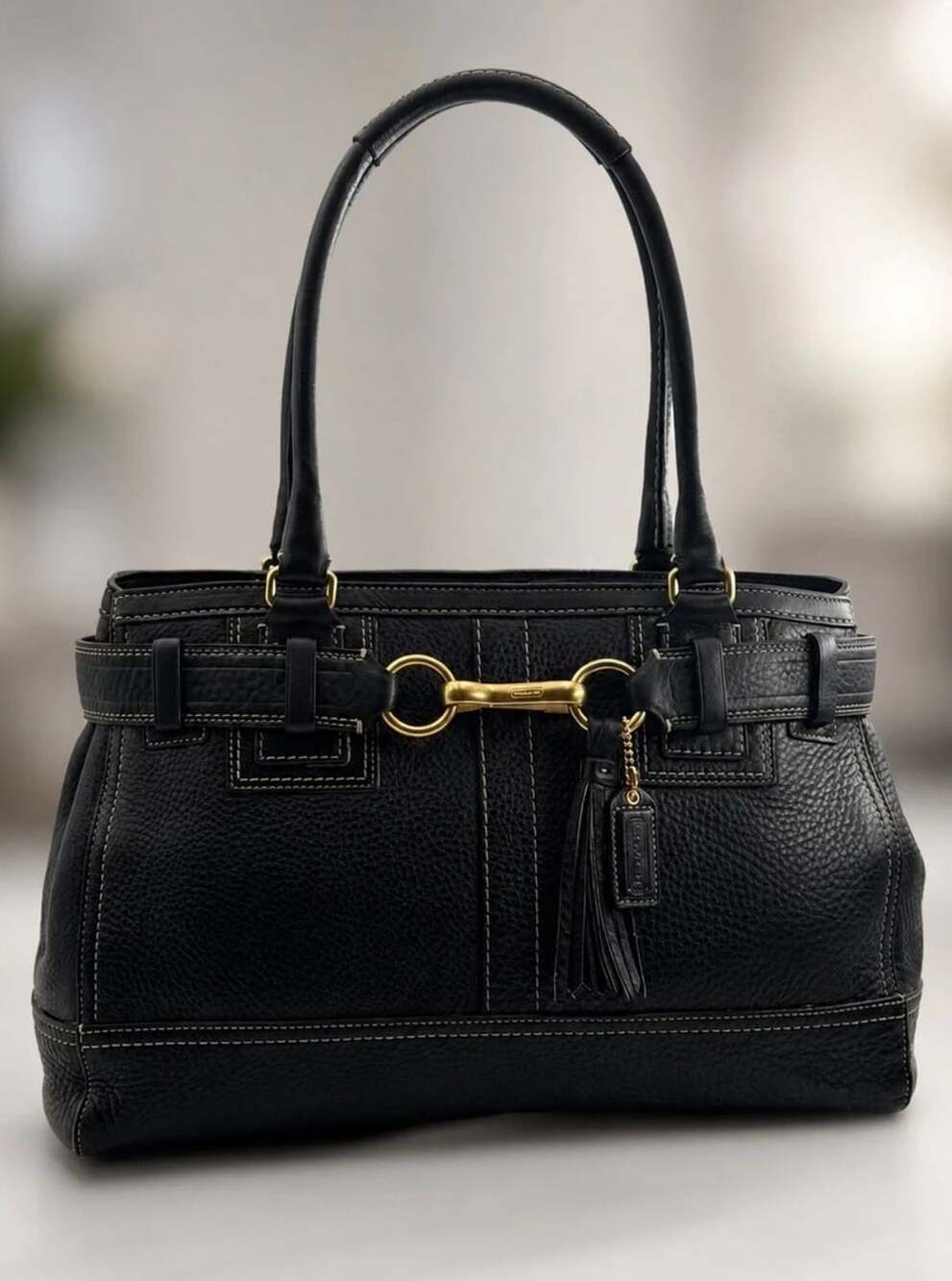 Coach Hamptons Black Pebbled Leather Horsebit Satchel Style 10212
